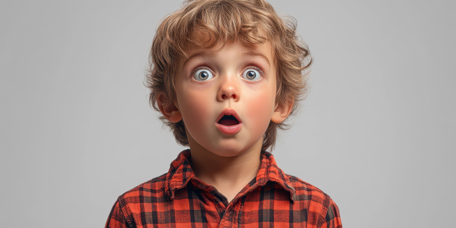 Child expressing surprise with wide eyes wearing a plaid shirt against a neutral background